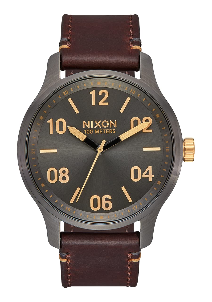 NIXON Patrol Leather A1243 - Gunmetal/Gold - 100m Water Resistant Men's Analog Classic Watch (42mm Watch Face, 21mm Leather Band)