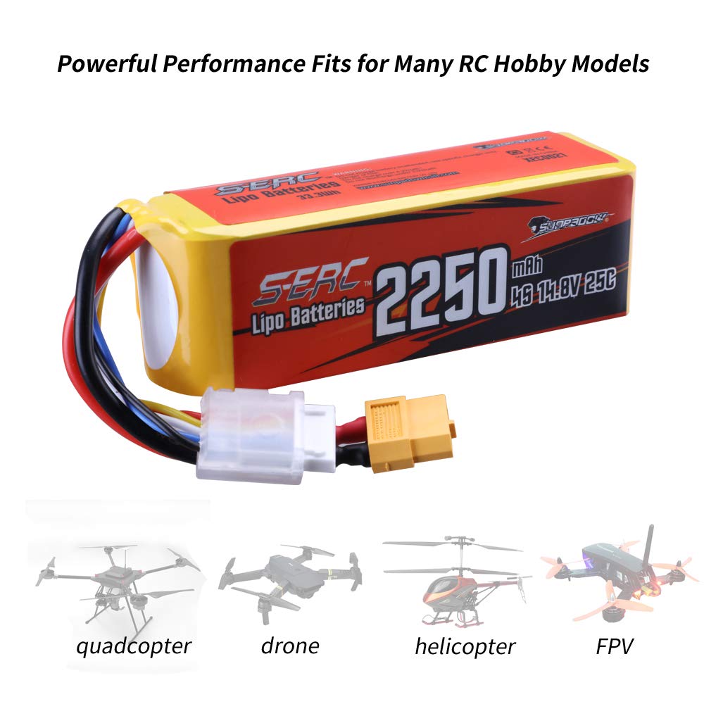 SUNPADOW 14.8V 4S RC Lipo Battery 25C 2250mAh with XT60 Connector Rechargeable for RC Airplane Quadcopter Helicopter Drone FPV Racing Hobby (2 Count)