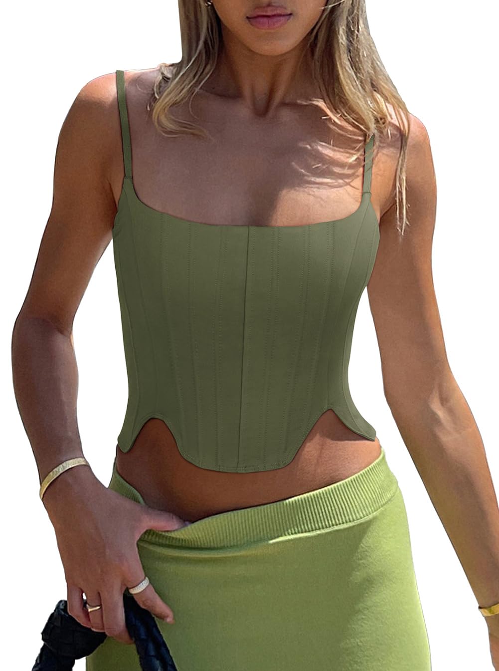 REORIA Women's Summer Fashion Sexy Square Neck Sleeveless Adjustable Spaghetti Strap Tendy Tank Crop Tops Going Out Bustier Corset Tops Dark Green Small