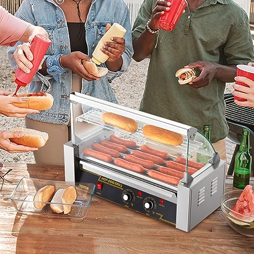 VEVOR Hot Dog Roller, 12 Hot Dog Capacity 5 Rollers, 750W Stainless Steel Cook Warmer Machine with Cover & Dual Temp Control, LED Light & Detachable Drip Tray, Sausage Grill Cooker