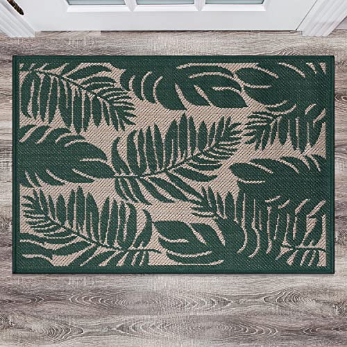 Rugshop Salvora Floral Leaves Textured Flat Weave Easy Cleaning Outdoor Rugs for Deck,Patio,Backyard Indoor/Outdoor Area Rug 2' x 3' Green