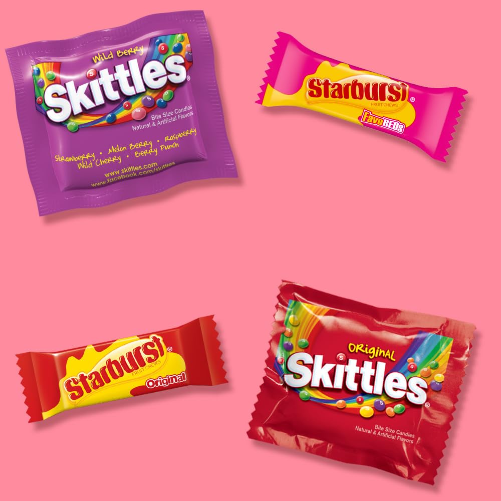 SKITTLES Original, SKITTLES Wild Berry & STARBURST Original and STARBURST FaveReds Fun Size Nut Free Individually Wrapped Trick or Treat Halloween Candy Variety Pack, Party Size, 20.13 Oz Bulk Bag