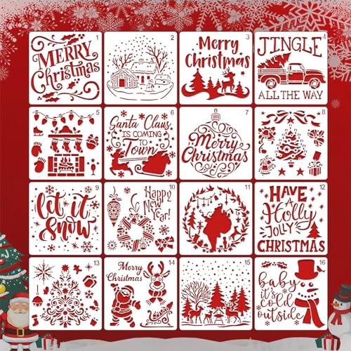 KyeeaDIY Christmas Stencils for Painting On Wood, 16Pcs Xmas Stencils 6inch Reusable Large Drawing Christmas Stencils for Ornaments DIY Crafts Window Home Decor (16Pcs)