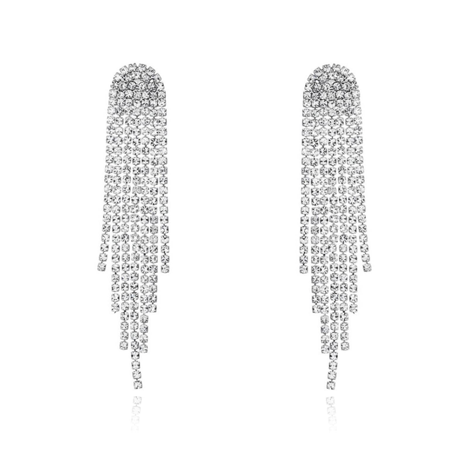 Luxval Rhinestone Earrings Dangling for Women Girls Long Chandelier Earrings Tassel Sparkly Silver Dangle Earrings Lightweight Ear Studs Cubic Zirconia Crystal Statement