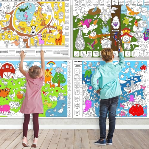 QUOKKA 4 Set Giant Coloring Posters for Kids - 2x3 Ft Large Drawing Poster Coloring Tablecloth for Markers Pencils Paints - Classroom Home Birthday Party Supplies - 4 Coloring Rolls for Kids Ages 4-8