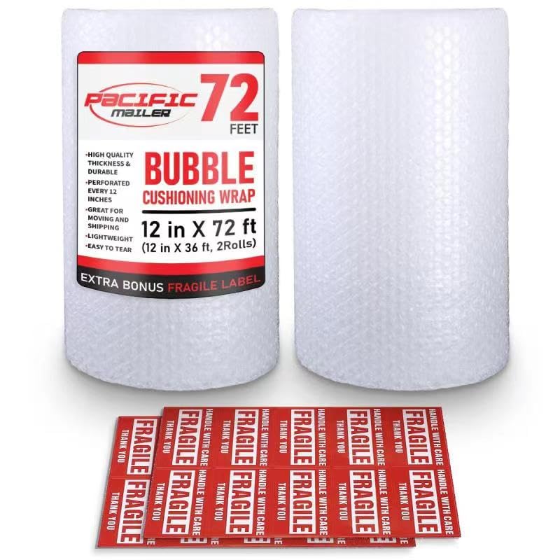 Bubble Cushioning Wrap Pacific Mailer 5/16 Inch x 12 Inch x 72Feet Total [2 Rolls of 36 Feet] Bubble Cushioning Wrap for Packing Moving Supplies Perforated Every 12"