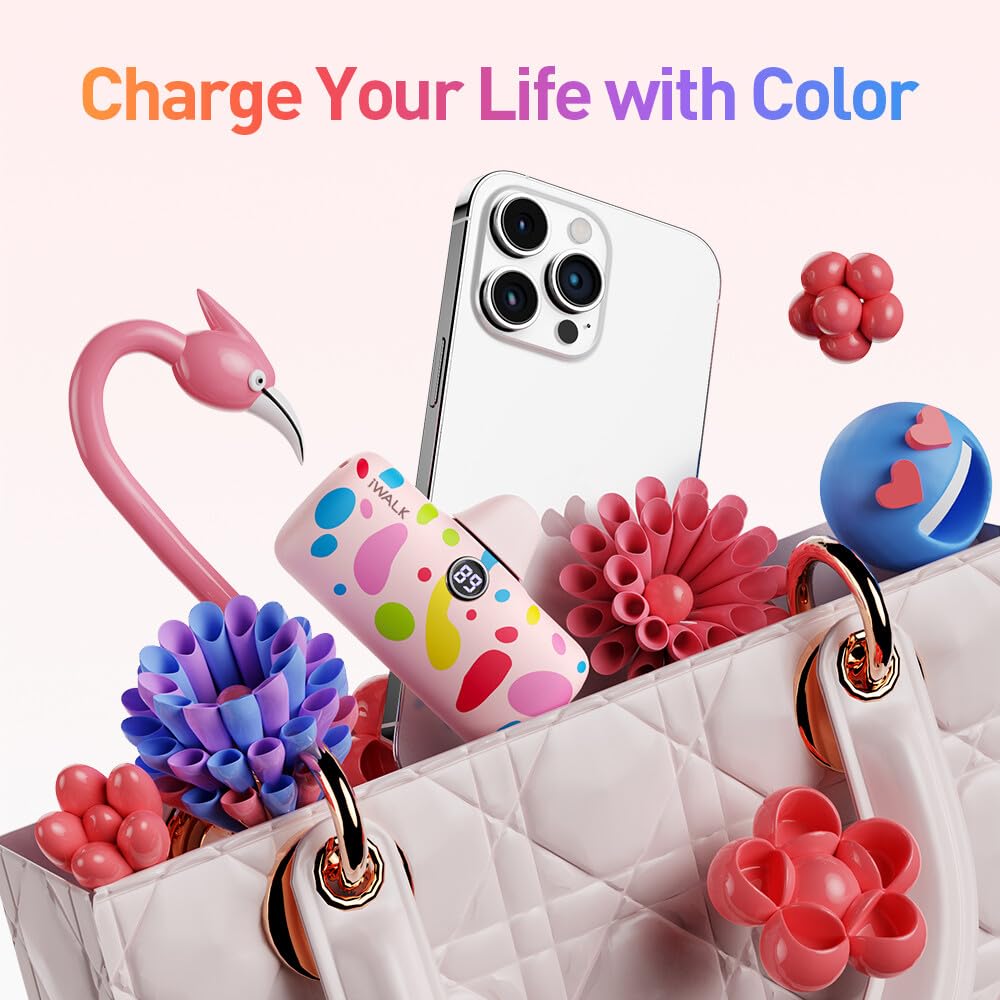 iWALK USB-C Portable Charger with Colorful Pattern, 20W PD Fast Charging 4800mAh Small Power Bank with LED Display, Compatible with iPhone 15/15 Plus/15 Pro/15 Pro Max, iPad, Airpods, Pink