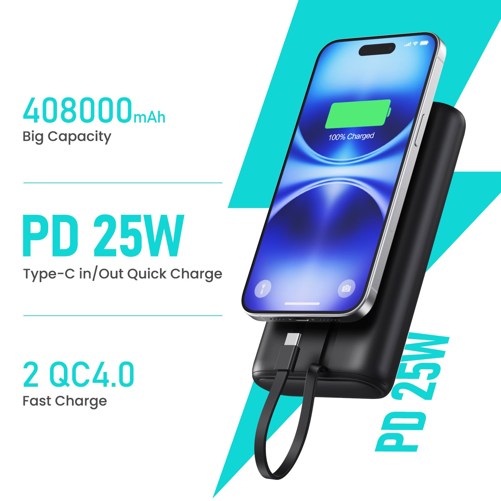 Portable Charger 40,800mAh Power Bank 25W Portable Battery Pack with 2 Built in Cables [2024 Upgraded], PD QC4.0 Fast Charging Portable Phone Charger Compatible with iPhone 16/15,Android Samsung-Black