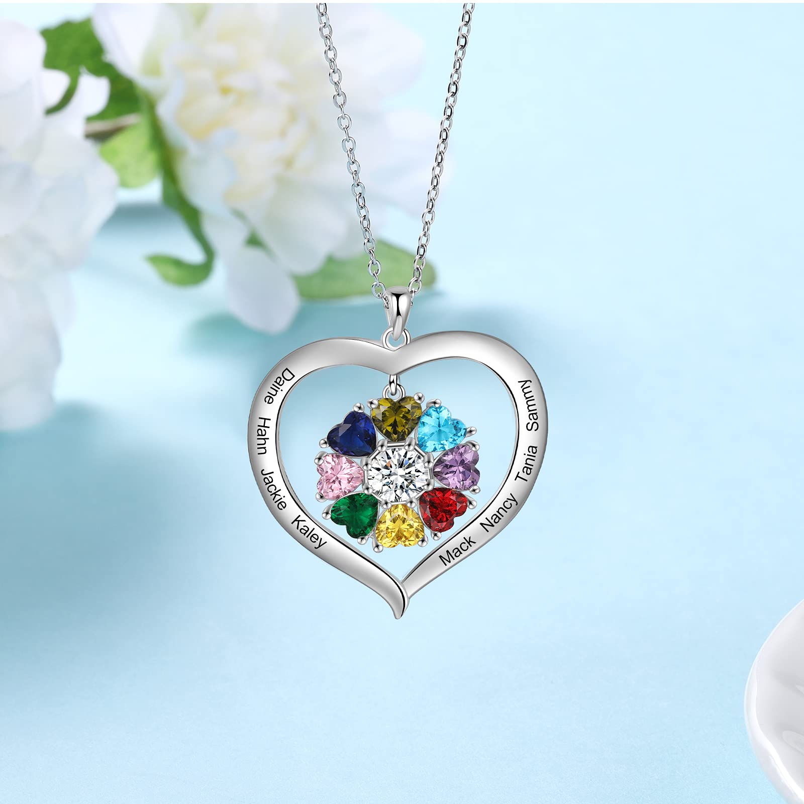 Personalized Names Forever Love Heart Women Necklace with 1-8 Simulated Birthstone Pendant Necklaces for Grandma Family Promise Jewelry Birthday Gift for Her Mom Wife (8 stones)