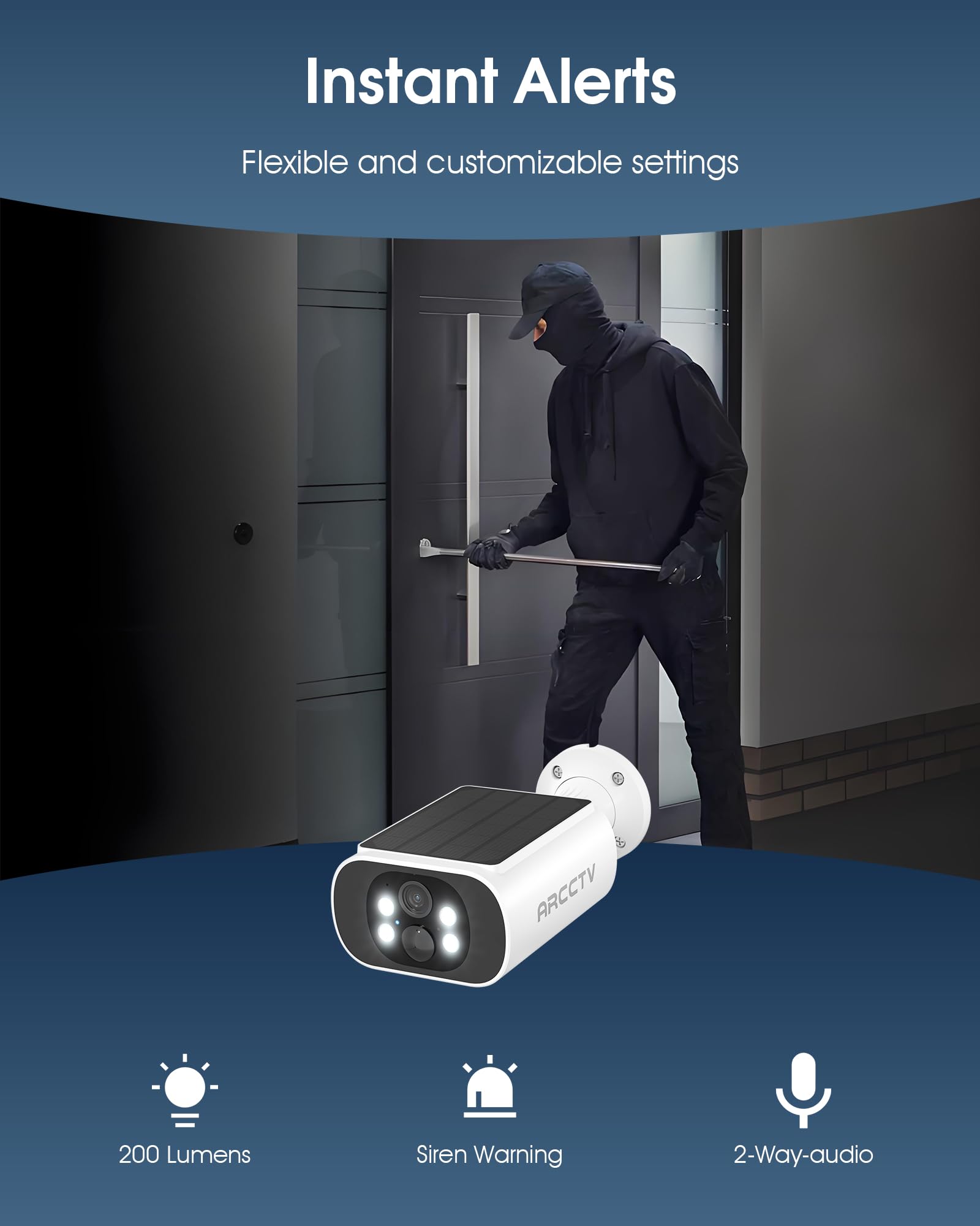 ARCCTV Solar Security Camera Outdoor Wireless, 4MP Battery Powered Home Surveillance Camera with Embedded Solar Panel, PIR Motion Sensor, 2.4G/5G Dual Band WiFi