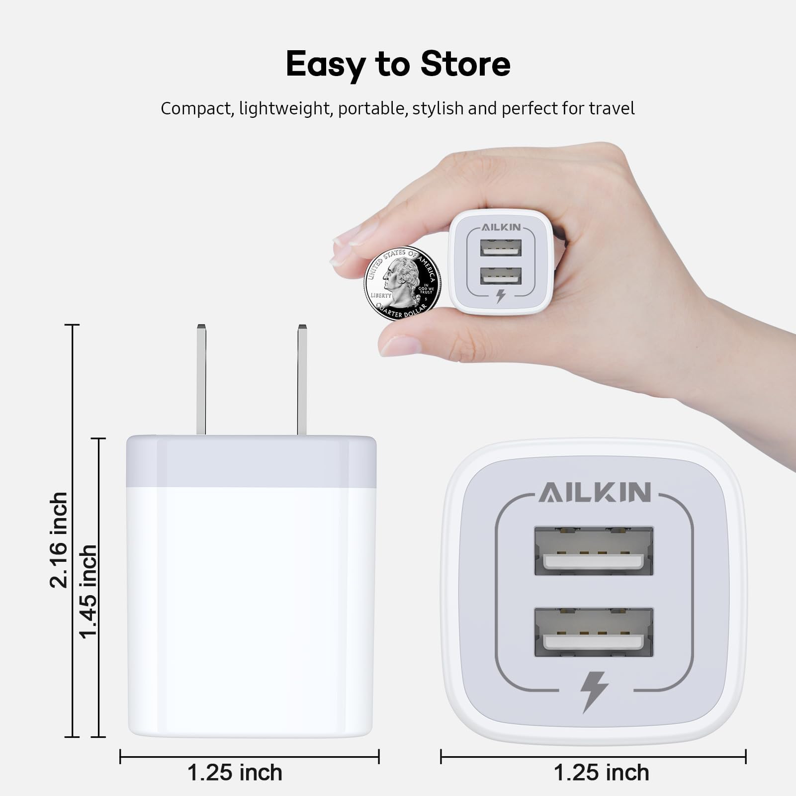 USB Wall Charger, Charger Adapter, AILKIN 2-Pack 2.1A Dual Port Quick Charger Plug Cube for iPhone 15 14 13 12 11 Pro Max 10 SE X 8 7 Plus Samsung Galaxy S23 S22 Power Block Fast Charging Box Brick