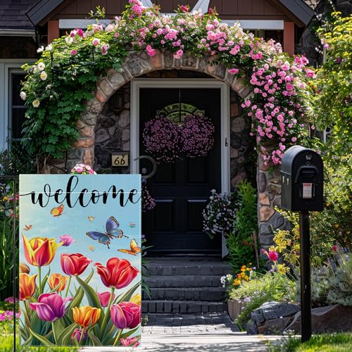 Welcome Garden Flags, Butterfly Tulip Garden Flag, 12x18 Inch Vertical Double Sided Burlap, Summer Porch Garden Flag, Outdoor Yard House Decor （Only Garden Flag）