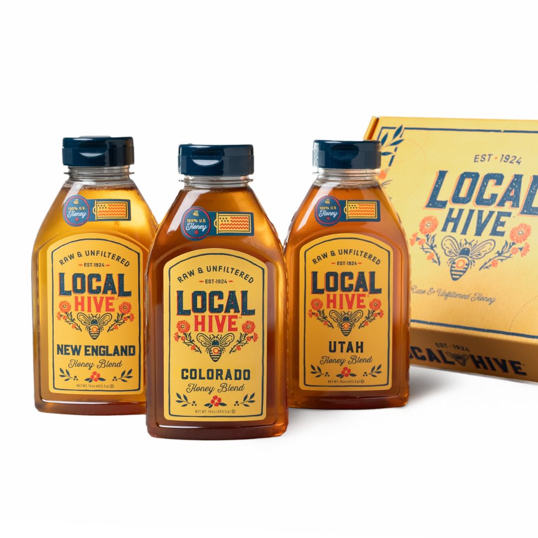 Local Hive Honey Bliss Gift Box – 3 x 16 oz Bottles (Utah, Colorado & New England) | Raw & Unfiltered | 100% Pure U.S. Honey from American Beekeepers | Natural Sweetener for Tea, Baking & Cooking