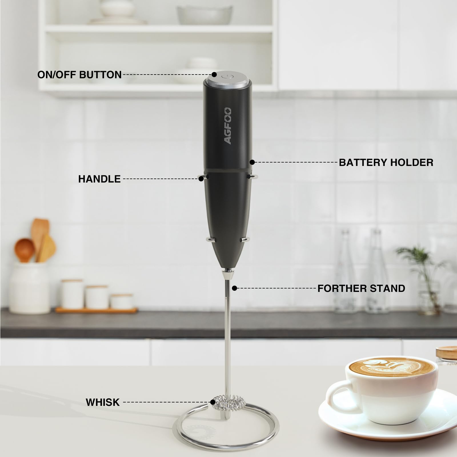 Milk Frother Handheld for Coffee with Stand - AGFOO hand frother wand, Electric whisk Drink Mixer Mini Foamer for Cappuccino, Frappe, Matcha, Hot Chocolate, Silver/Black