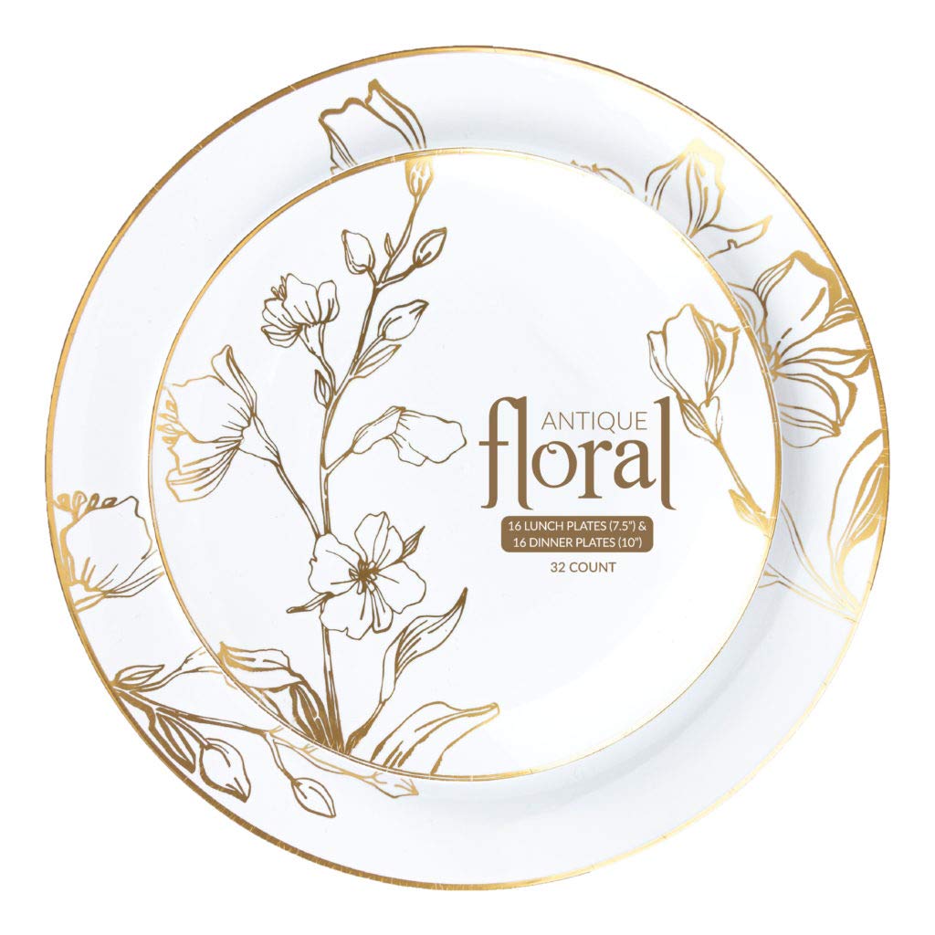 Blue Sky Elegant & Antique Gold Floral Combo Plates (10" & 7" - 32 Pcs) - Vintage Design Party Plates, Perfect for Weddings and Special Occasions