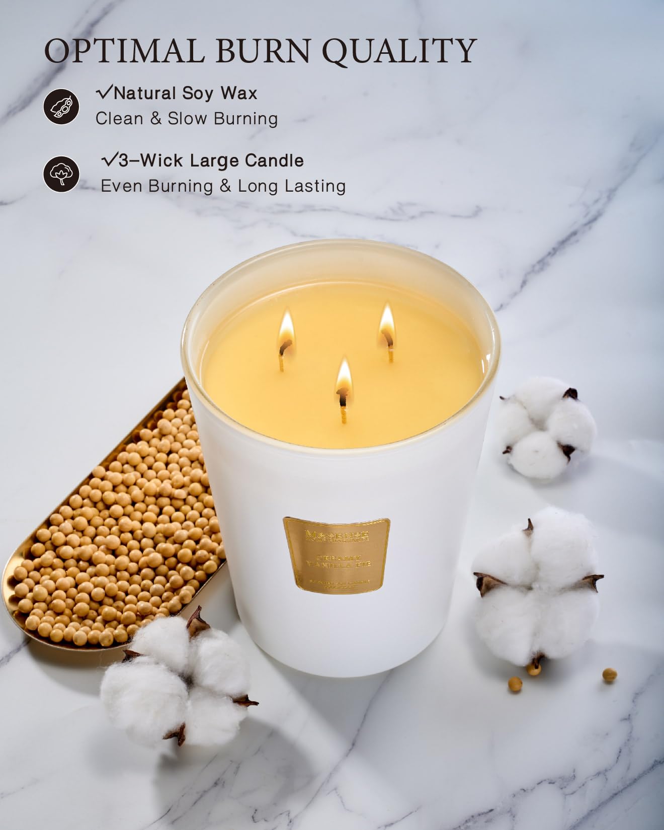 M&SENSE Extra Large Soy Candle Creamy Vanilla Scented 35oz 150H Burn Time, 3-Wick Natural Aromatherapy Candle Highly Scented Long Lasting, Home Fragrance Housewarming Gifts New Home Gift Ideas