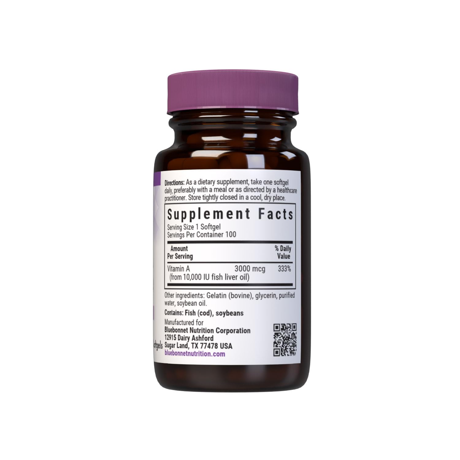 Bluebonnet Nutrition Vitamin A 10,000 IU from Deep Sea, Cold Water, Fish Oil - For Eye Health & Immune Function* - Gluten Free - Dairy Free - Molecularly Distilled - 100 Softgels - 100 Servings