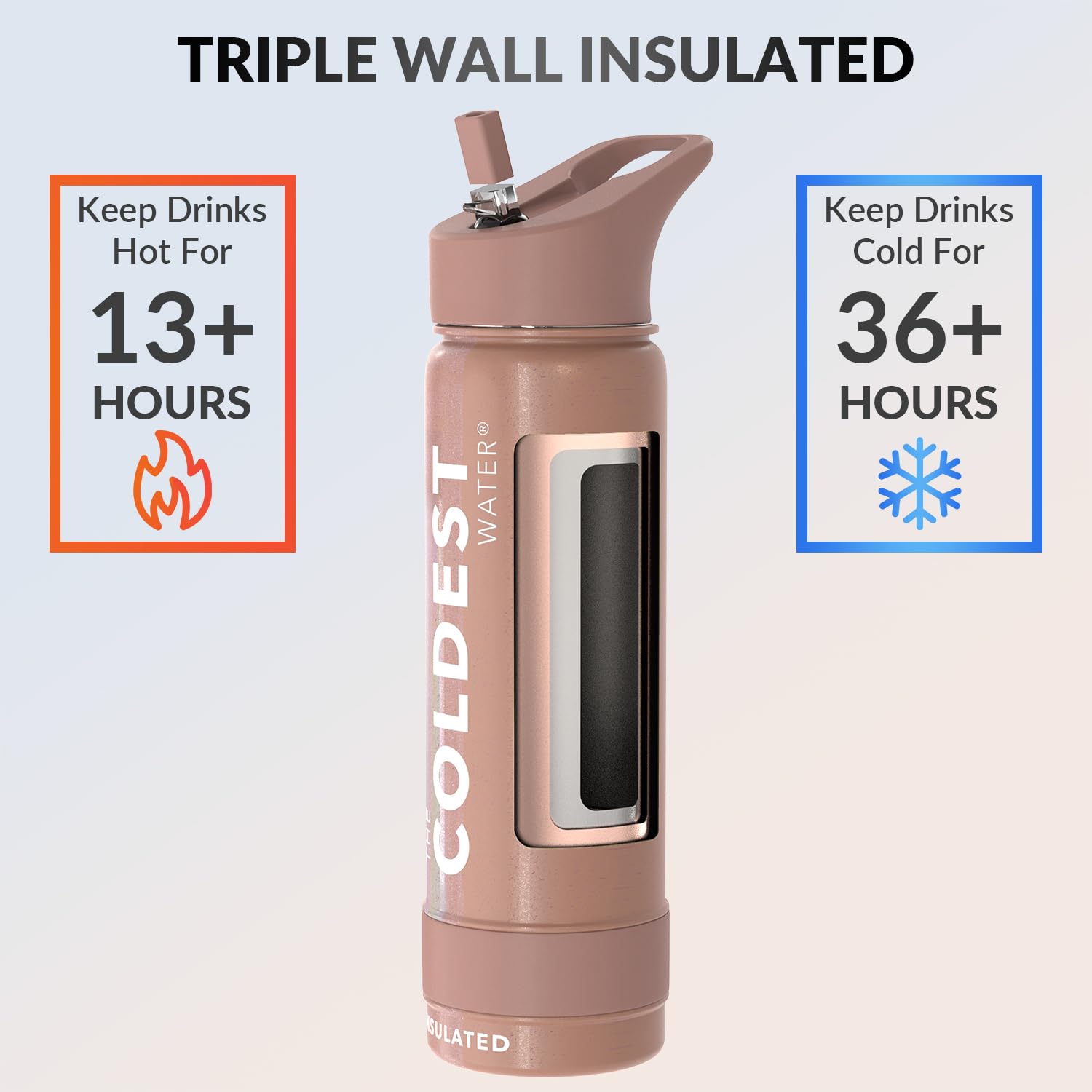 Coldest Sports Water Bottle with Straw Lid Vacuum Insulated Stainless Steel Metal Thermos Bottles Reusable Leak Proof Flask for Sports Gym (24 oz, Golden Rose Glitter)