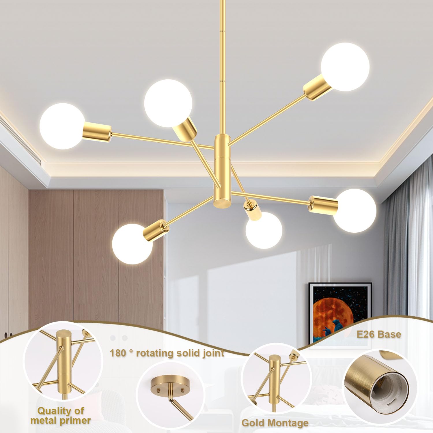 CANMEIJIA Modern Modern Sputnik Chandelier, Industrial Gold Ceiling Light Fixture,6-Light Pendant Light Fixture for Kitchen Island,Bedroom Dining Room Living Room