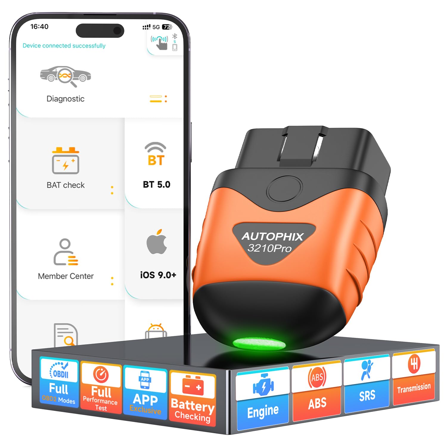 AUTOPHIX Bluetooth Car Code Reader, 3210 Plus OBD2 Scanner SRS Transmission ABS Check Engine Diagnostic Tool Wireless Auto Scan Tool with Performance Test Live Data Clear Error Code for All Cars