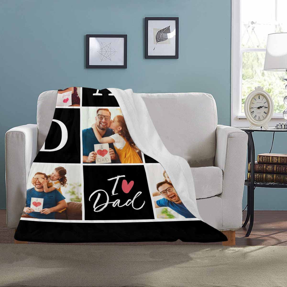 MyPupSocks Customized Blanket Gifts for Dad, Dad I Love Dad Heart with 5 Photos Blanket Personalized Blanket to Dad from Daughter Kids for Father's Day, Birthday Gifts for Men 30x40