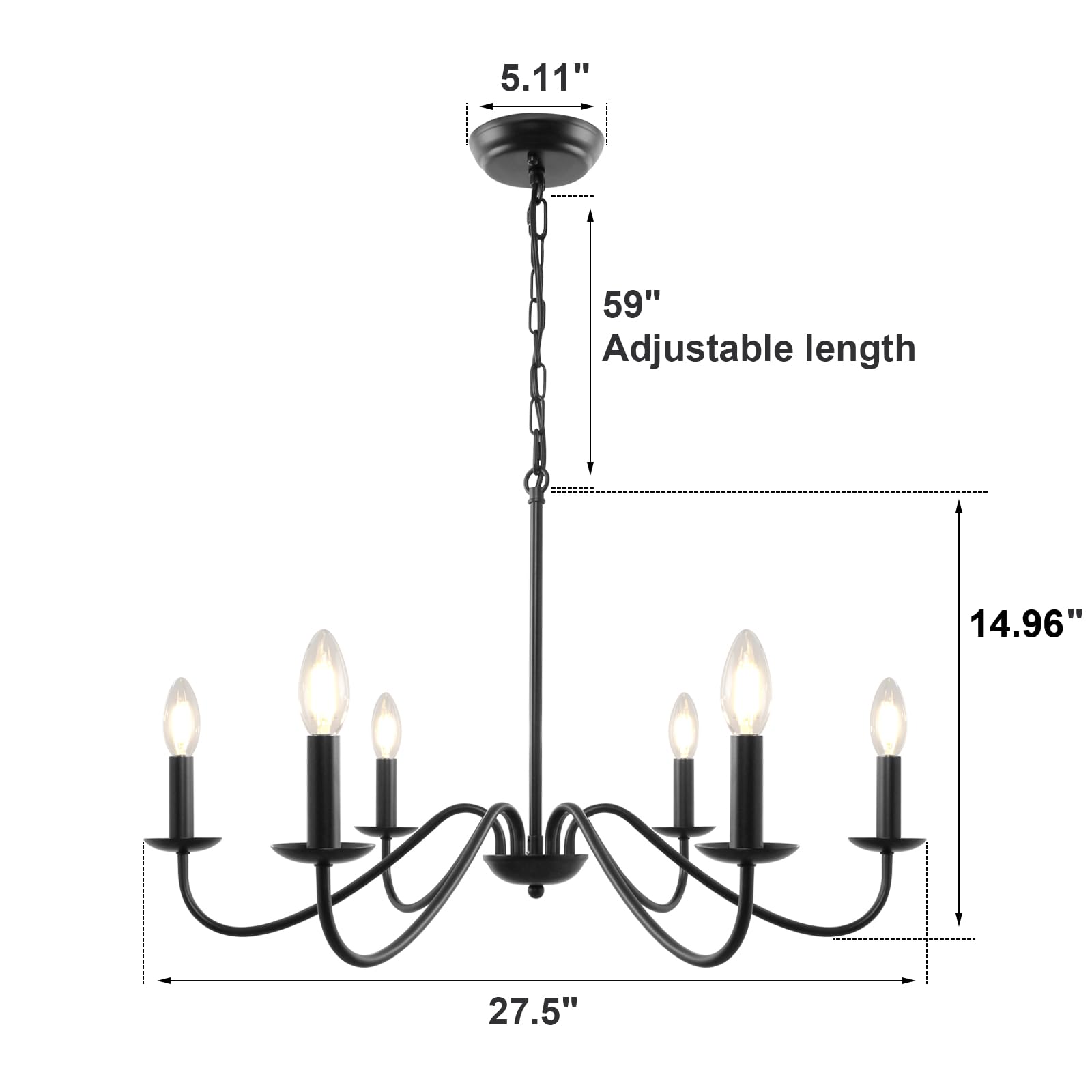 Cunfash Black Chandelier, 6-Light 27.6'' Modern Farmhouse Chandeliers for Dining Room Light Fixture Hanging, Rustic Industrial Iron Candle Ceiling Light for Bedroom Living Room Kitchen Foyer