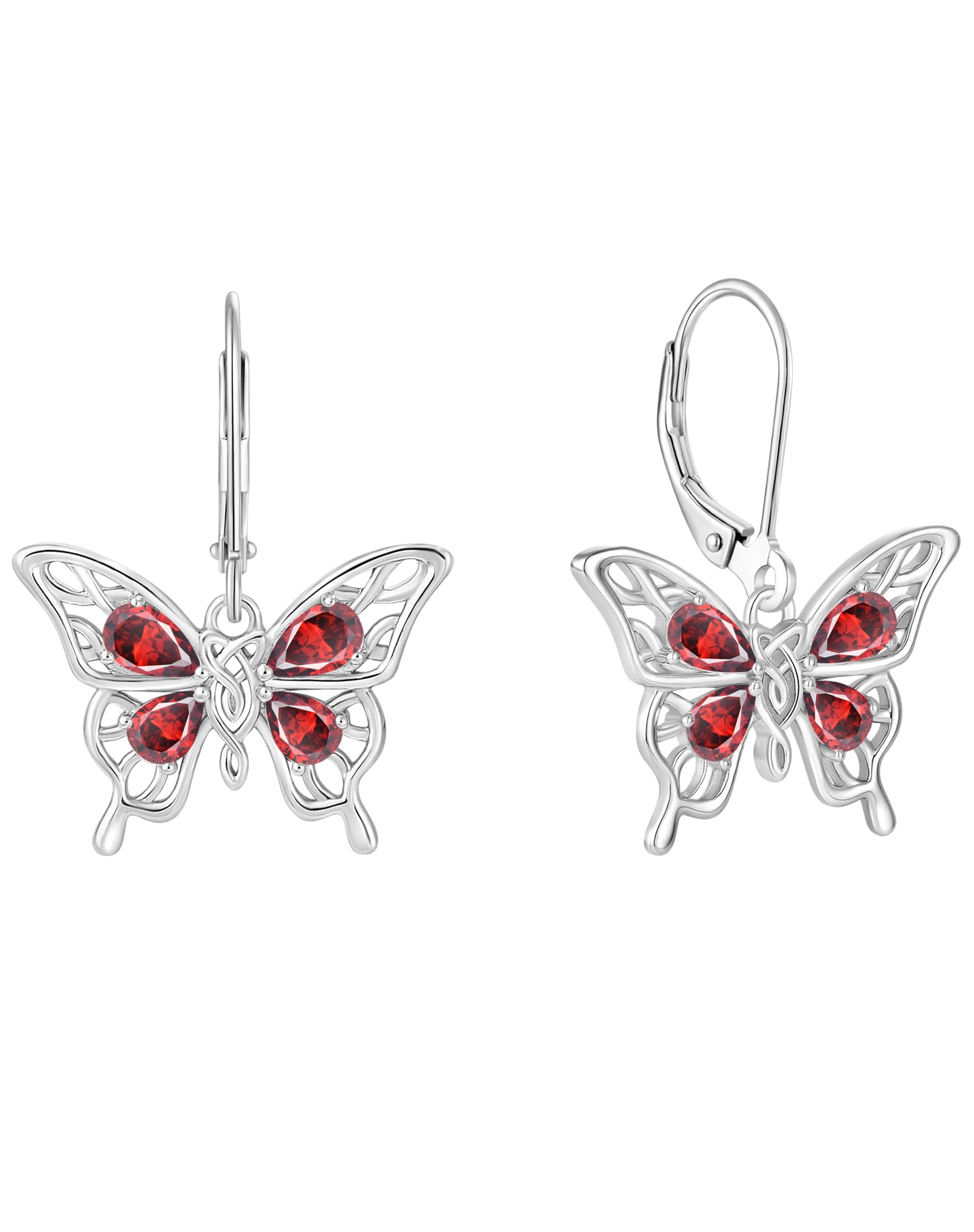 Guesma Garnet Butterfly Earrings for Women - 925 Sterling Silver Dangle Leverback Earrings Teardrop Created Birthstone Drop Earrings - Jewelry Gifts for Her