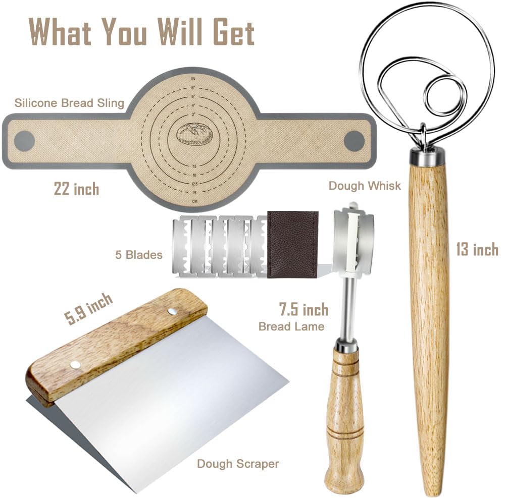 Dough Whisk Bread Making Tools Kit, Sourdough Silicone Bread Sling, Bread Lame Dough Scoring Tool & Dough Cutter Bread Baking, Bread Making Supplies Tools, Sourdough Bread Baking Gift Set