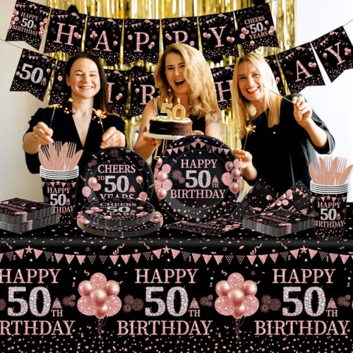 142Pcs Rose Gold 50th Birthday Decorations-Happy 50th Birthday Disposable Tableware for Women Rose Gold Birthday Plates and Napkins Set Serves 20 Guests