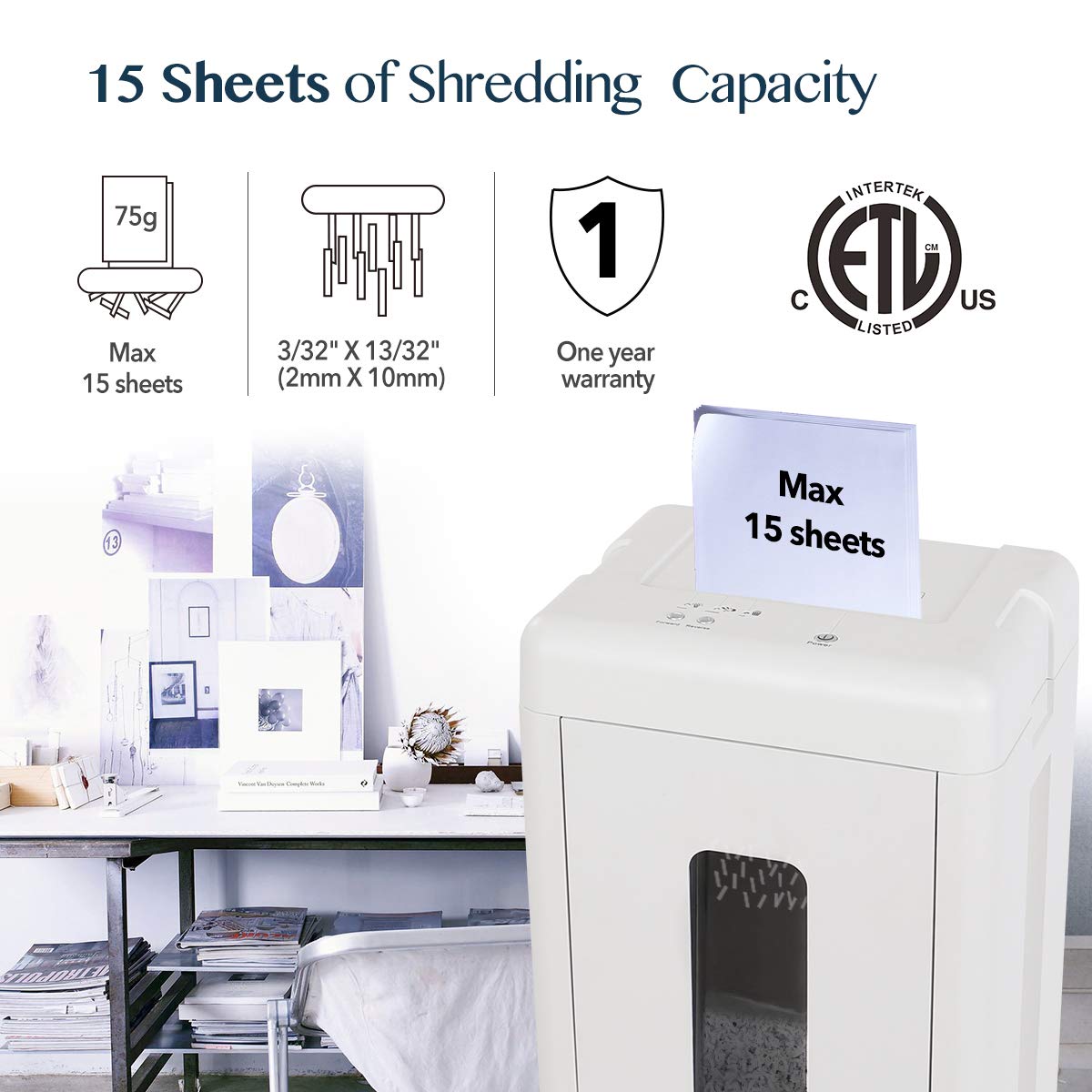 WOLVERINE 15-Sheet Super Micro Cut High Security Level P-5 Heavy Duty Paper/CD/Card Shredder for Home Office, Ultra Quiet by Manganese-Steel Cutter and 8 Gallons Pullout Waste Bin SD9520 (White ETL)