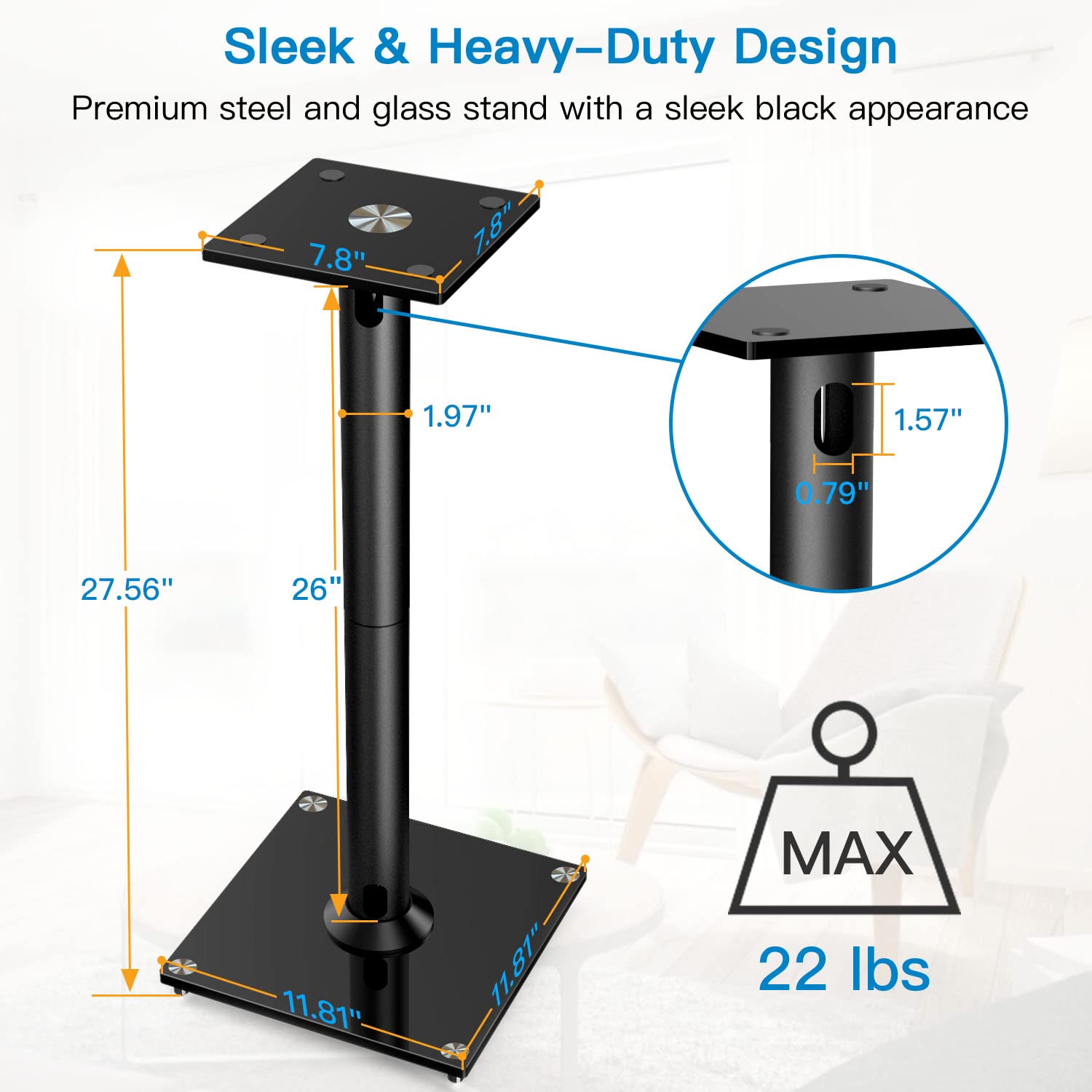 PERLESMITH Universal Floor Speaker Stands Pair for Surround Sound, Bookshelf Speaker Stand for 28 Inch Klipsch, Polk, Yamaha & Other Large Bookshelf Speakers Or Studio Monitors up to 22LBS,1 Pair