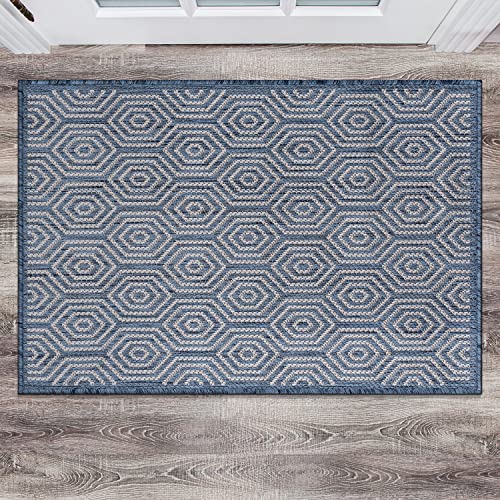 Rugshop Palmaria Modern Geometric Textured Flat Weave Easy Cleaning Outdoor Rugs for Deck,Patio,Backyard Indoor/Outdoor Area Rug 2' x 3' Blue