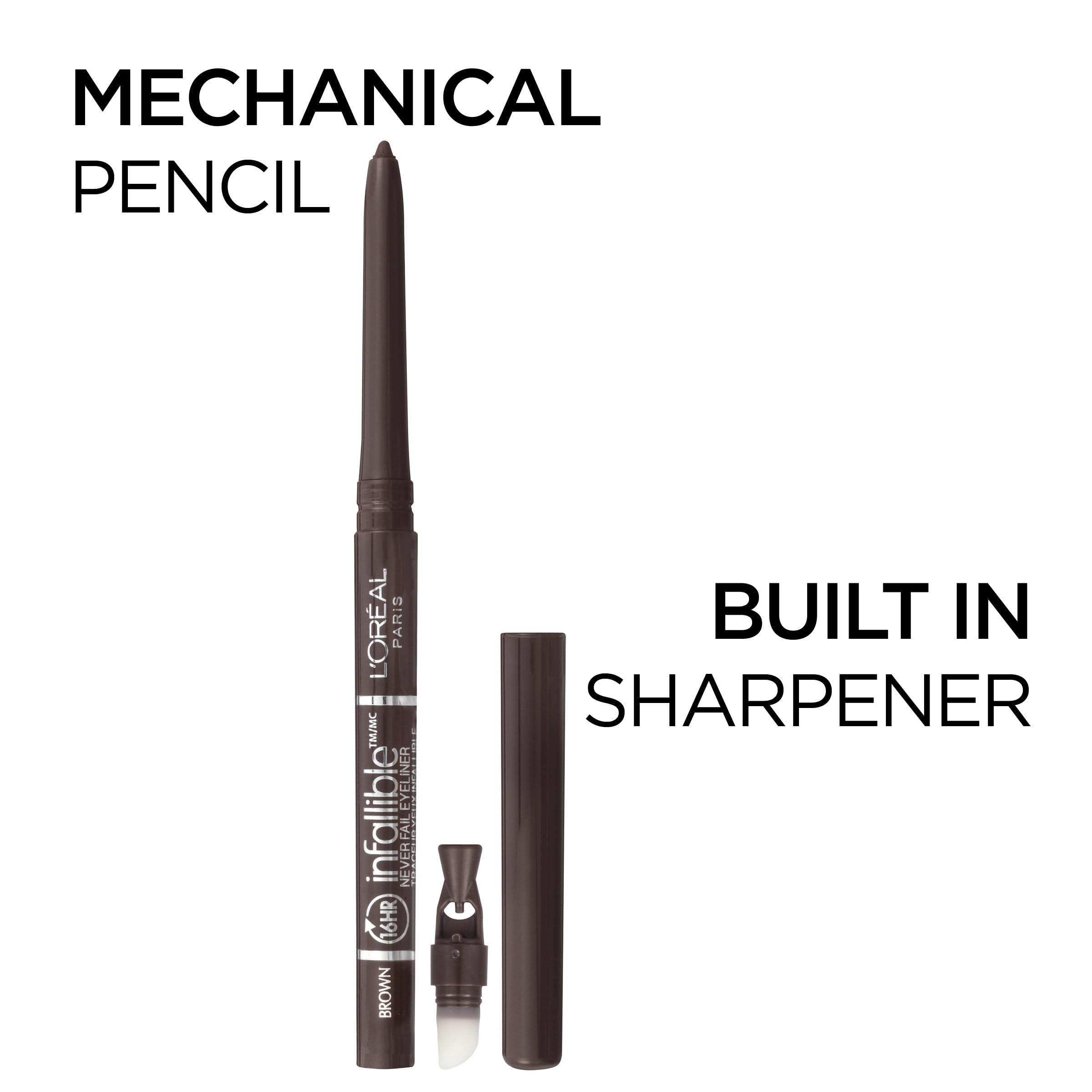 L’Oréal Paris Makeup Infallible Never Fail Original Mechanical Pencil Eyeliner with Built in Sharpener, Black Brown, 0.008 oz., 2 Count