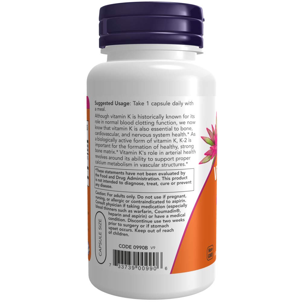 NOW Supplements, Vitamin K-2 100 mcg, Menaquinone-4 (MK-4), Supports Bone Health*, 100 Veg Capsules