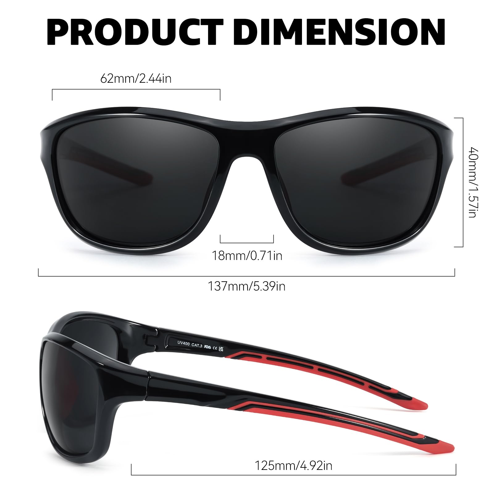 TJUTR Sports Sunglasses for Women Men, Polarized UV400 Protection Wrap Around Sun Glasses for Running Driving (A3 Black/Grey)