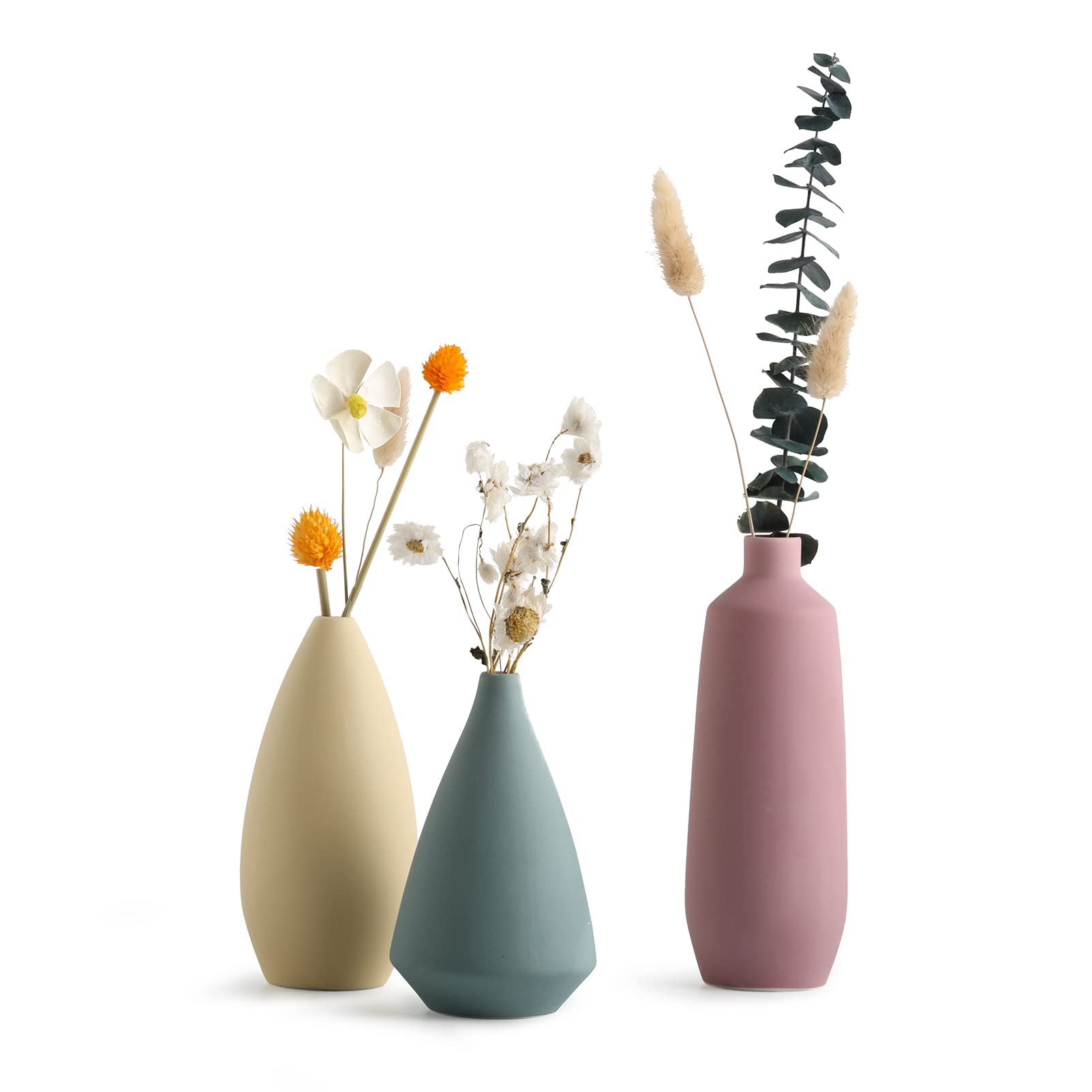 Linmaya Small Ceramic Matte Vases for Home Decor, Modern and Minimalist Decorative Vase Set of 3, Flower Vases for Bookshelf, Mantel, Entryway, Coffee Table Decor,Boho Decor (Morandi-1)