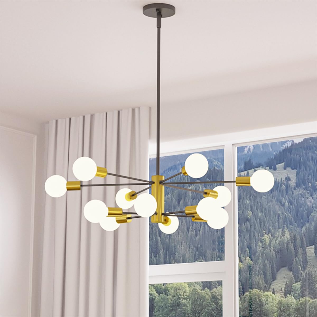 Zevluck 12-Light Modern Chandelier, Dining Room Light Fixtures Over Table, Black and Gold Chandelier with Adjustable Rods, Sputnik Chandeliers for Dining Room, Living Room, Kitchen Island, Foyer