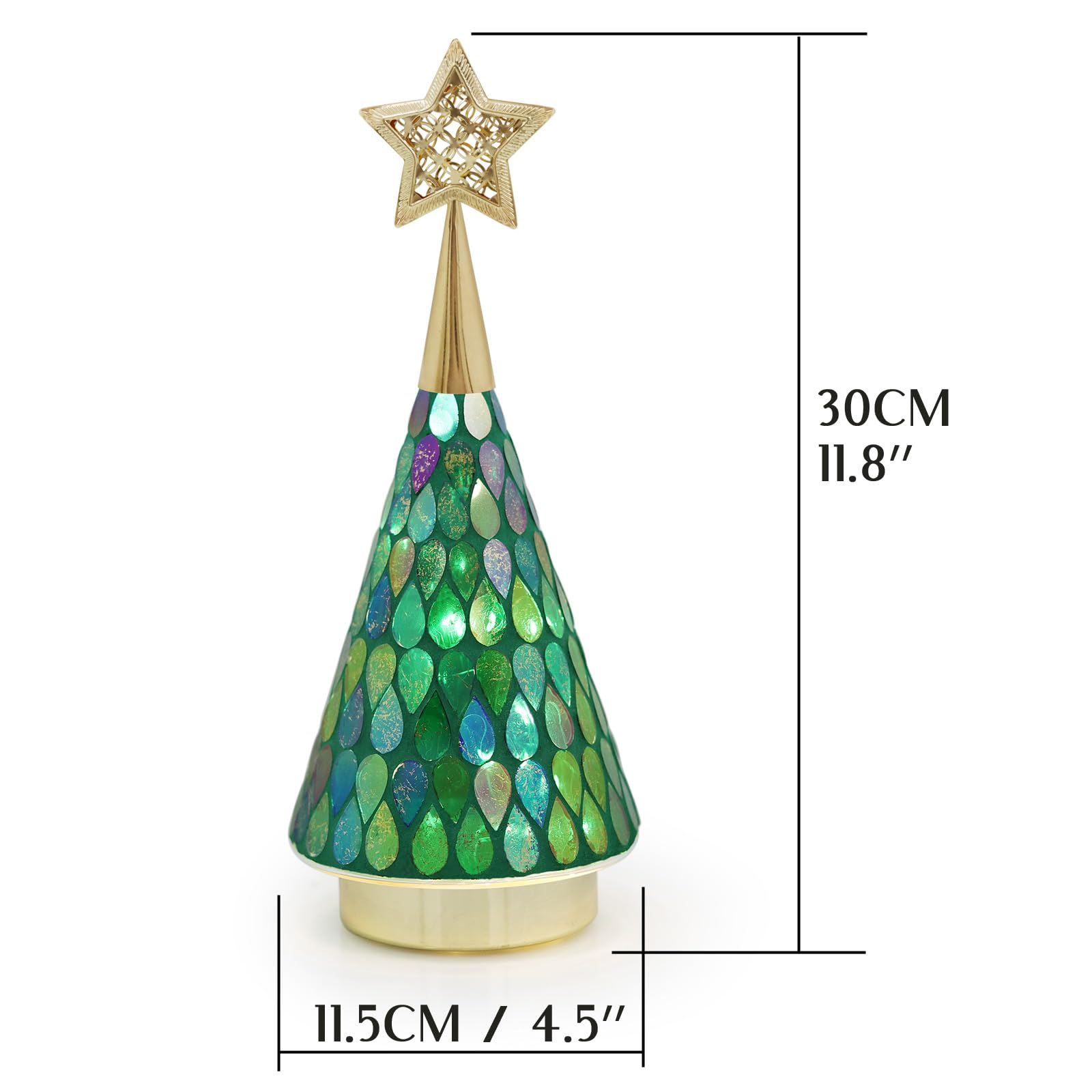 Green Mosaic Glass Christmas Tree, 2 PCS Small Tabletop Christmas Trees with Light, Battery Operated Mini Xmas Tree for Mantel Decor 11"