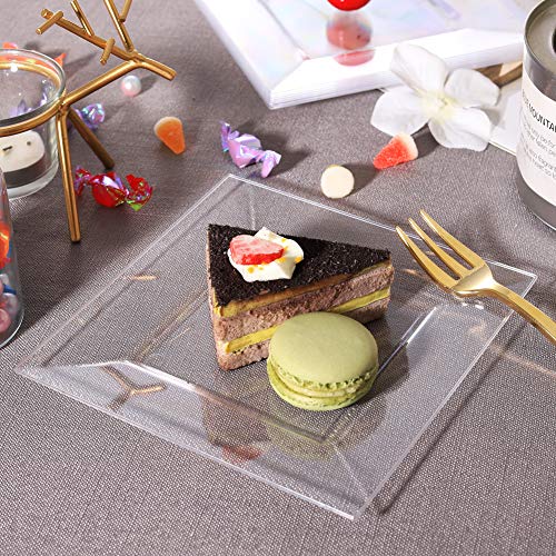 WDF 100PCS Clear Plastic Plates-6inch Square Disposable Plates- Small Appetizer Plates-Premium Clear Dessert/Salad Plates Perfect for Wedding & Parties