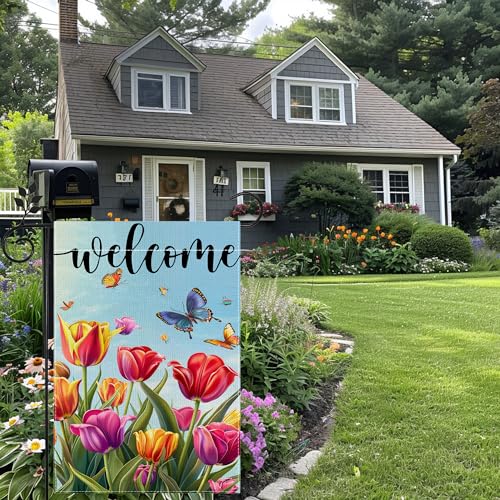 Welcome Garden Flags, Butterfly Tulip Garden Flag, 12x18 Inch Vertical Double Sided Burlap, Summer Porch Garden Flag, Outdoor Yard House Decor （Only Garden Flag）