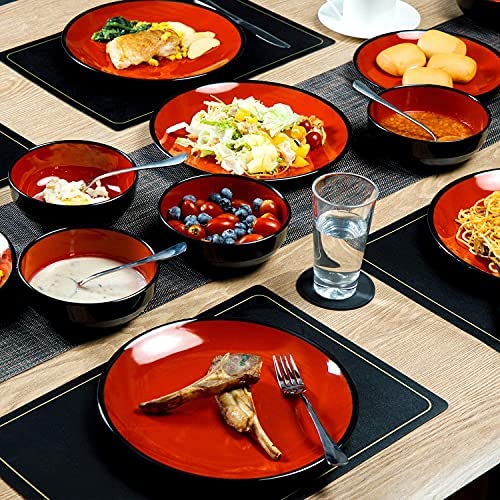 TP 12-Piece Dinnerware Set, Melamine Dishes Set with Bowls and Plates, Non-breakable Lightweight Dinner Service for 4, Red & Black