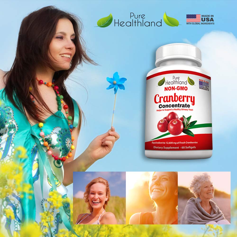 Pure Healthland Non GMO Cranberry Concentrate Supplement Pills for Urinary Tract Infection UTI. Equals 12600mg Cranberries. Triple Strength for Men and Women, Easy to Swallow Softgels 1 Bottle