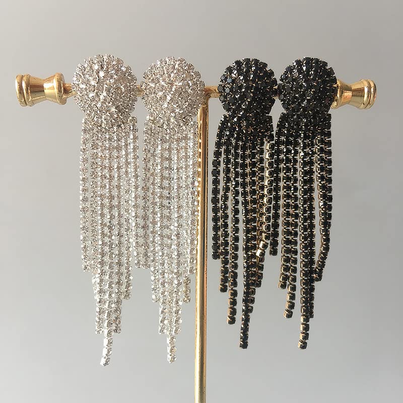 Mlouye Rhinestone Earrings Dangling for Women, Dangle Earrings Long Tassel Crystal Chandelier Drop Earrings for Prom Party Black