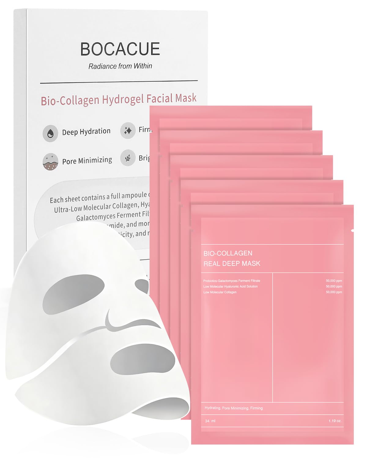 BOCACUE Bio-Collagen Hydrogel Sheet Mask, Overnight Face Mask for Radiant, Glowing Skin, Deep Hydrating & Firming, Pore Minimizing, Boosts Elasticity, Korean Skin Care, 35g x 5ea