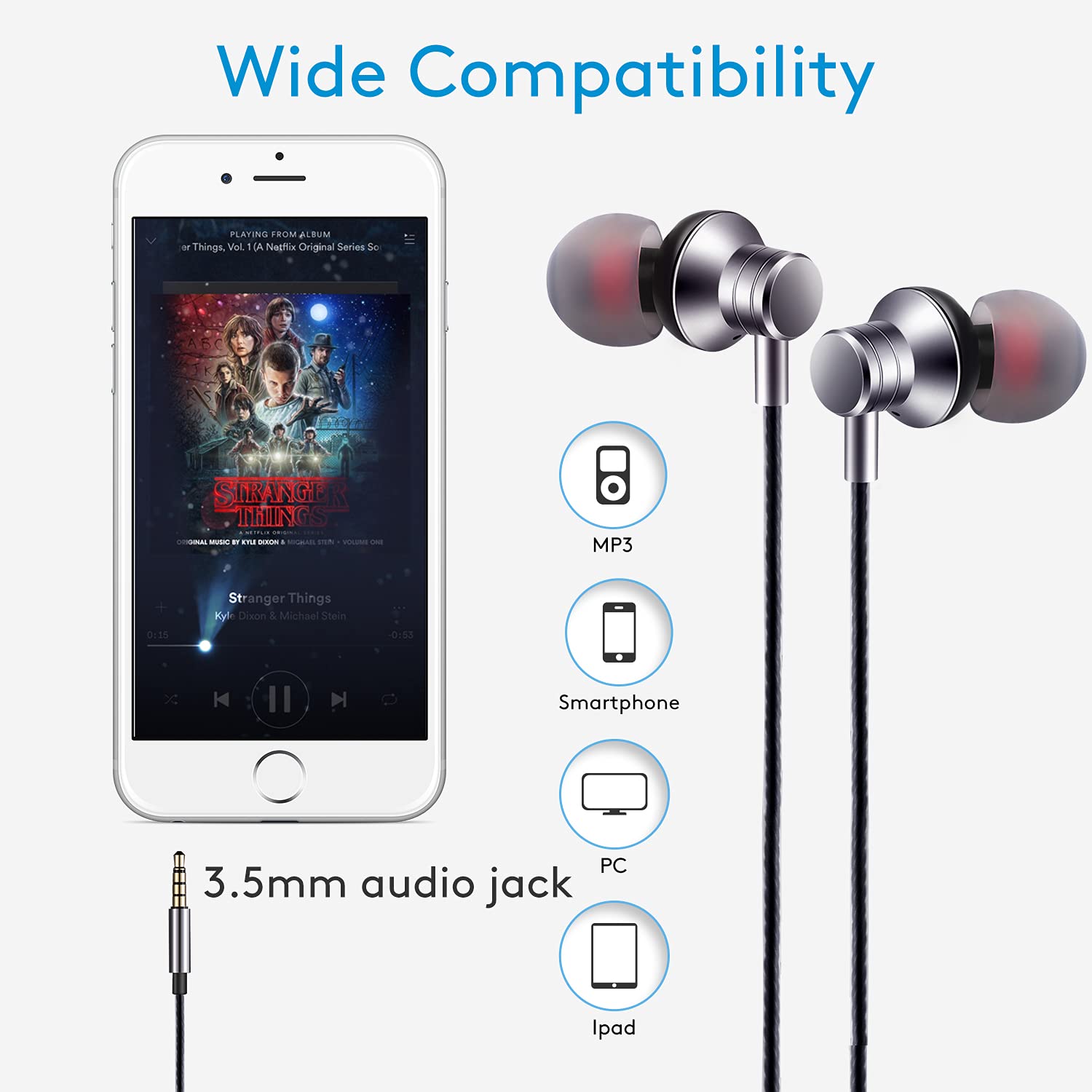 Empsun Wired Earbuds Headphones with Microphone Stereo Bass Earphones Noise Isolation in-Ear Headset Compatible with All Smartphones Tablets iPod IPad MP3 Player That with 3.5 mm Interface(Silver)