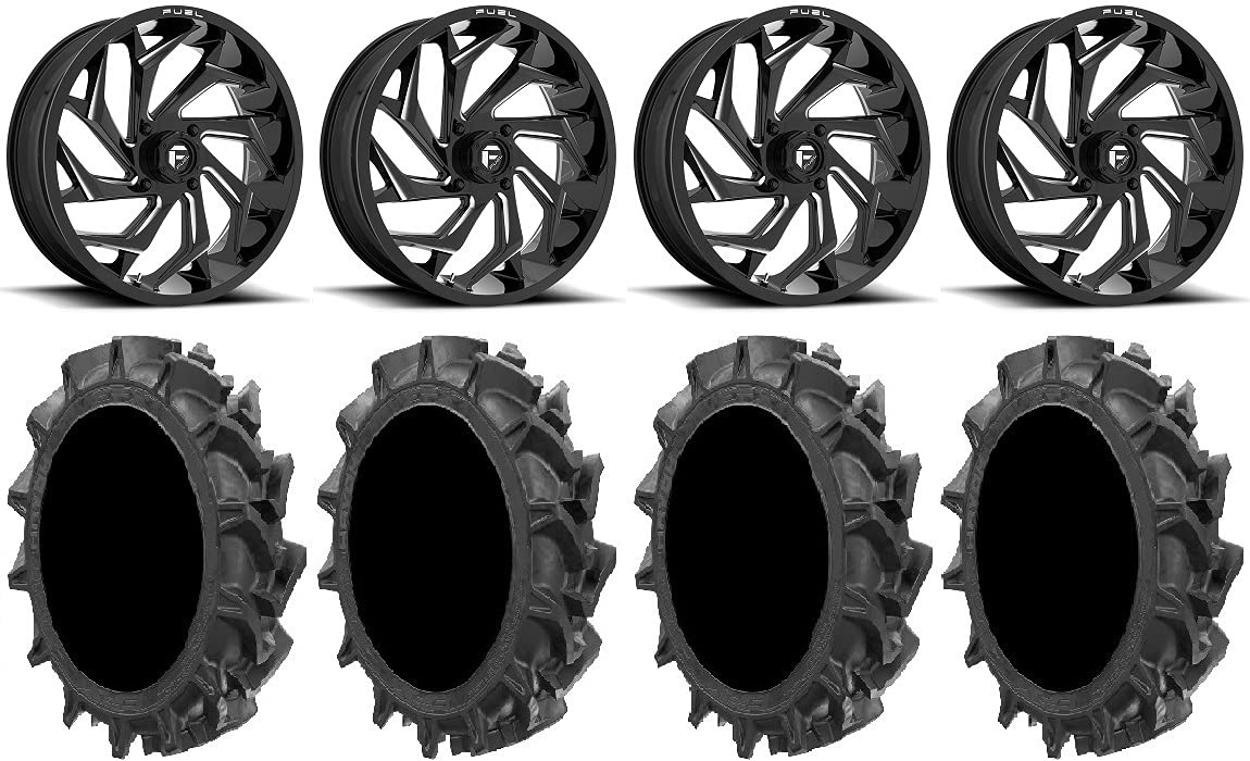 Bundle - 9 Items: Fuel Reaction 22" Wheels Black +0mm 37" MotoHavok Tires [4x137 Bolt Pattern 10mmx1.25 Lug Kit]