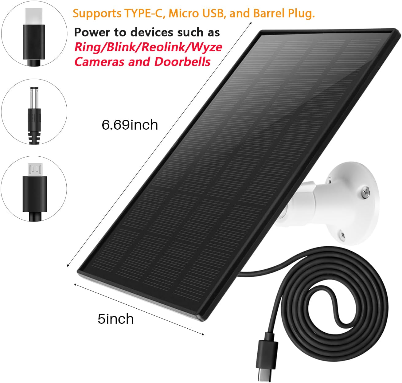 Solar Panel for Ring Camera - 5W Solar Charger with Power Pack Compatible with Most Blink Reolink Cameras Doorbell IP65 Waterproof, 10FT Cable with USB-C to Ring Barrel Plug Micro USB Adapter