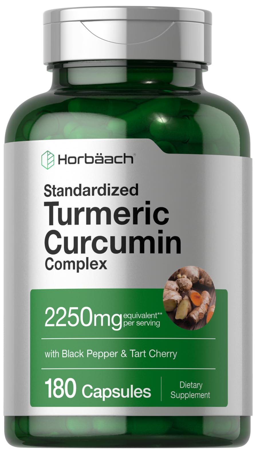 Horbäach Turmeric Supplement with Black Pepper 2250mg | 180 Capsules | with Bioperine & Tart Cherry | Non-GMO, Gluten Free Supplement