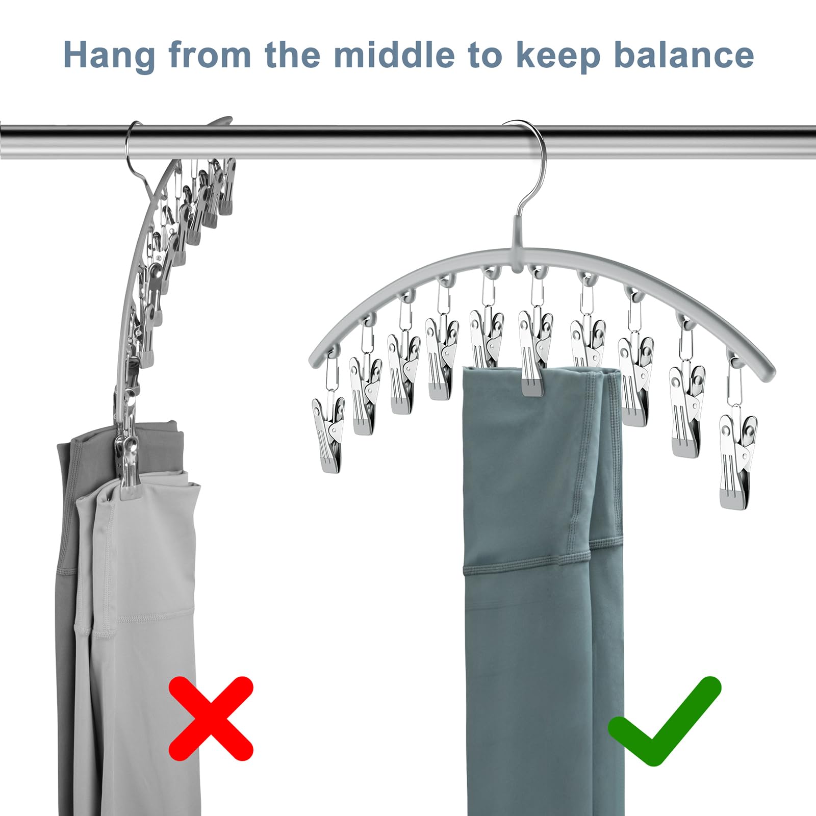 Volnamal Legging Organizer for Closet, Metal Yoga Pants Hanger w/Rubber Coated 2 Pack w/10 Clips Hold 20 Leggings, Hangers Space Saving Hanging Closet Organizer for Closet Organizers and Storage-Grey
