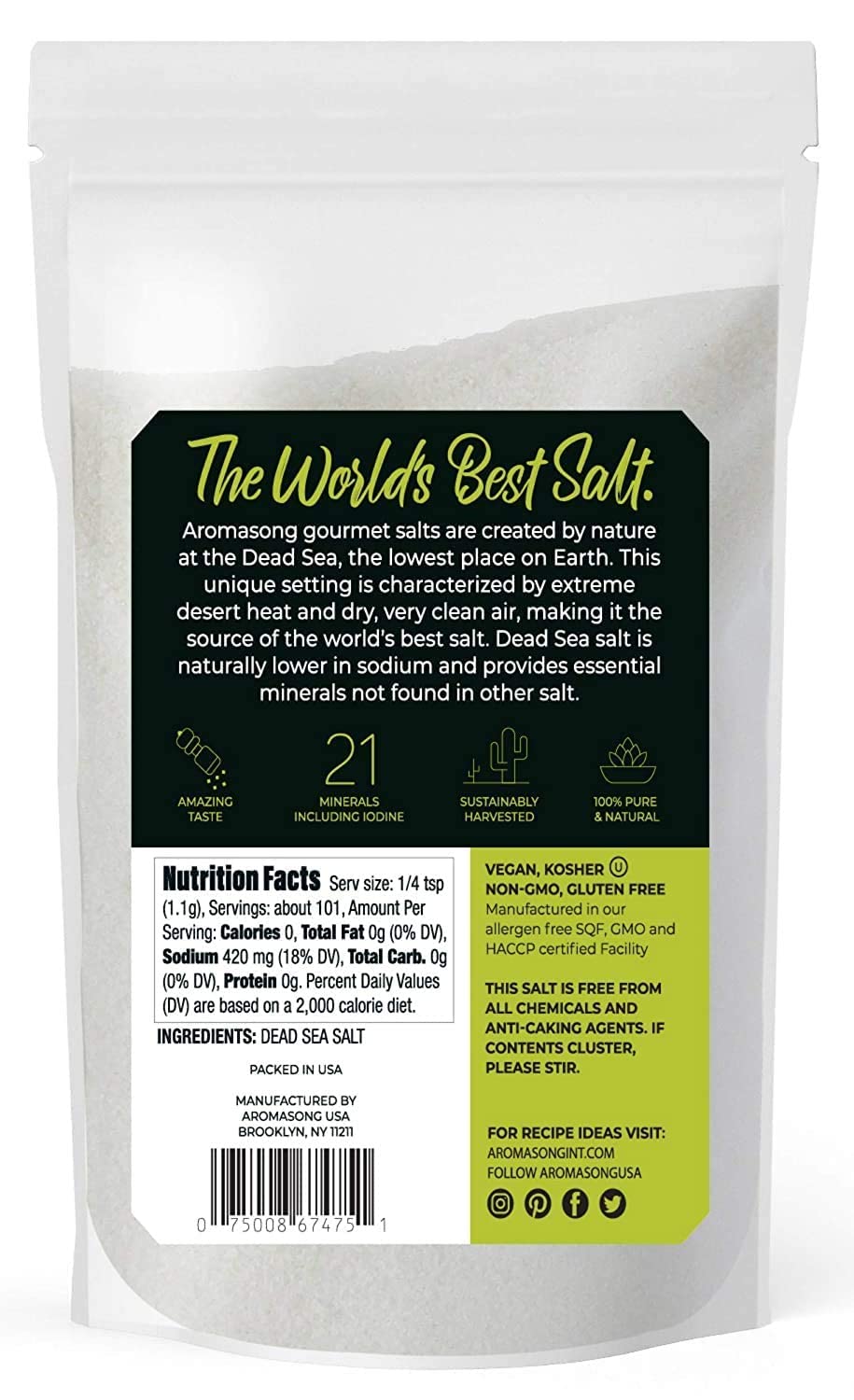 Aromasong 100% Natural Sea Salt Coarse Grain 2.43 LB with Fine Grain Sea Salt 2.43 LB from the Dead Sea, Unrefined, Gluten Free, Grinder Refill, Pure Sea Salt for Daily Cooking & Pickling Salt
